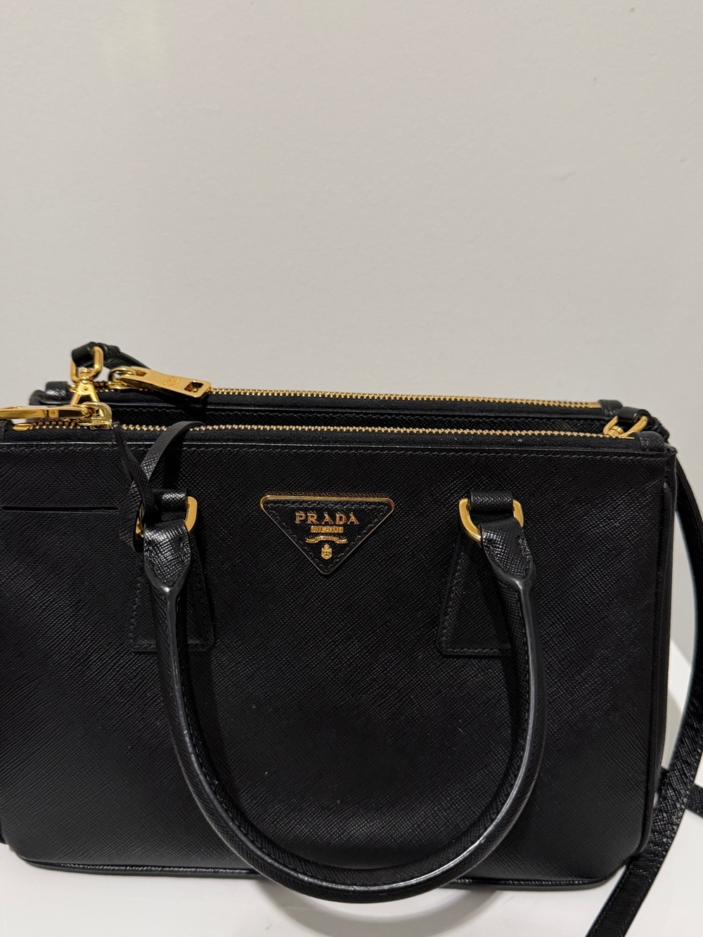 Prada Black Saffiano Leather Satchel with Gold Hardware
